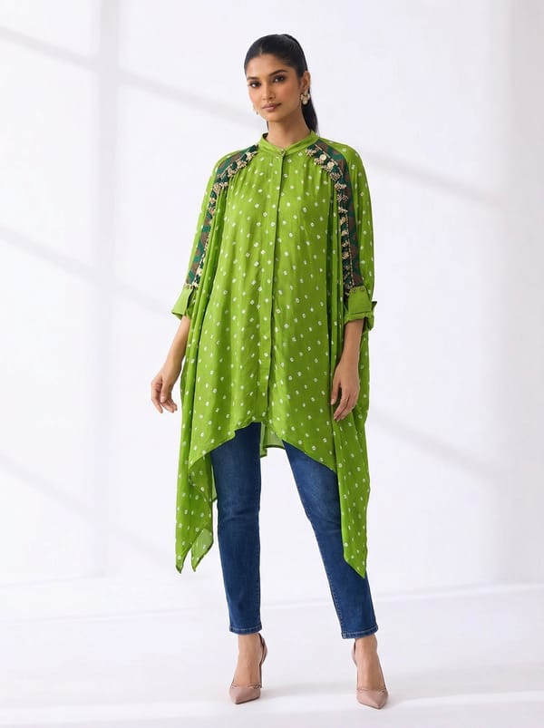 Green Printed Modal Satin Kaftan with Embellished Shoulders — 5 Elements