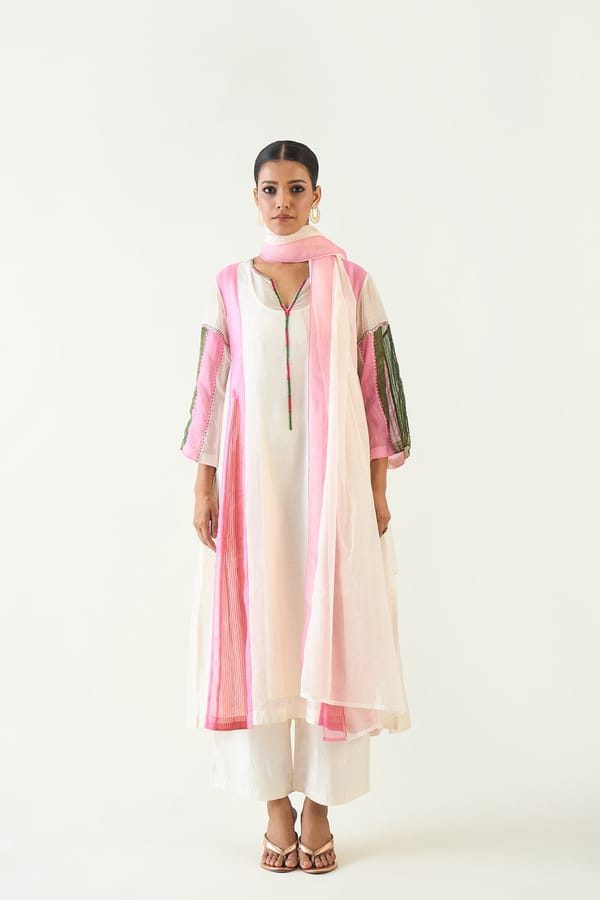 Isha: Cotton Silk Kali Kurta set- Ivory and Pink — SHIVANI BHARGAVA