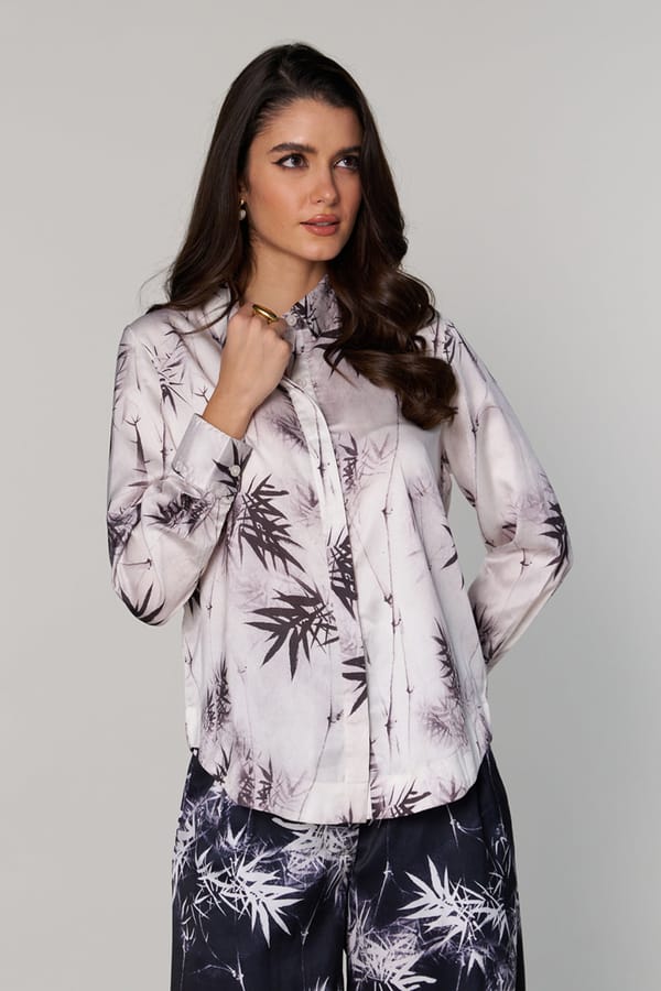 White Satin Shirt with Black Bamboo Print — Style Island