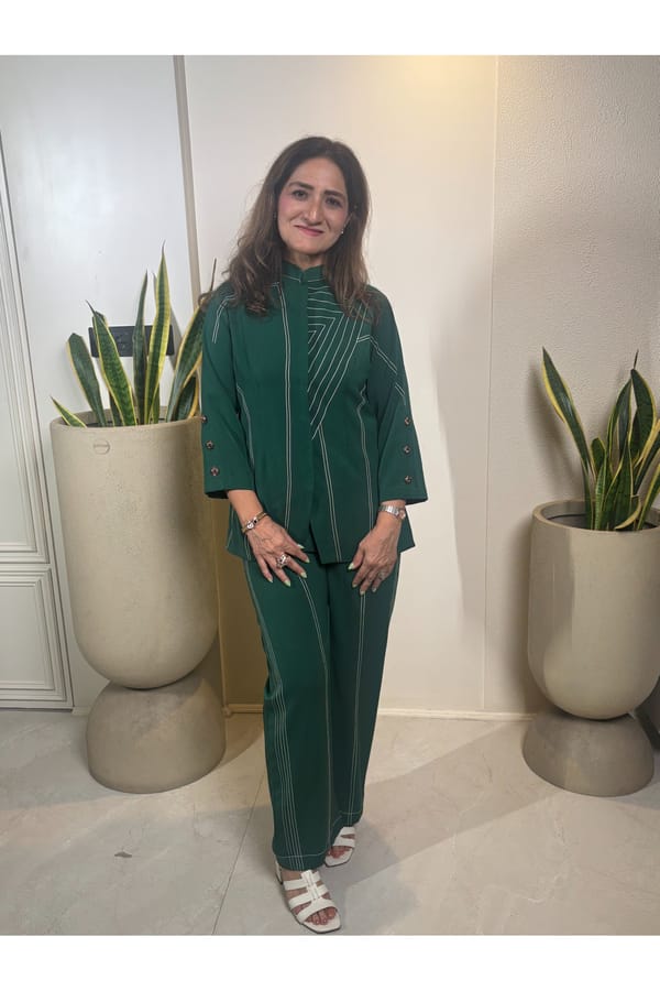 Bottle Green Straight-Leg Trousers with Contrast Piping — Veera Wear