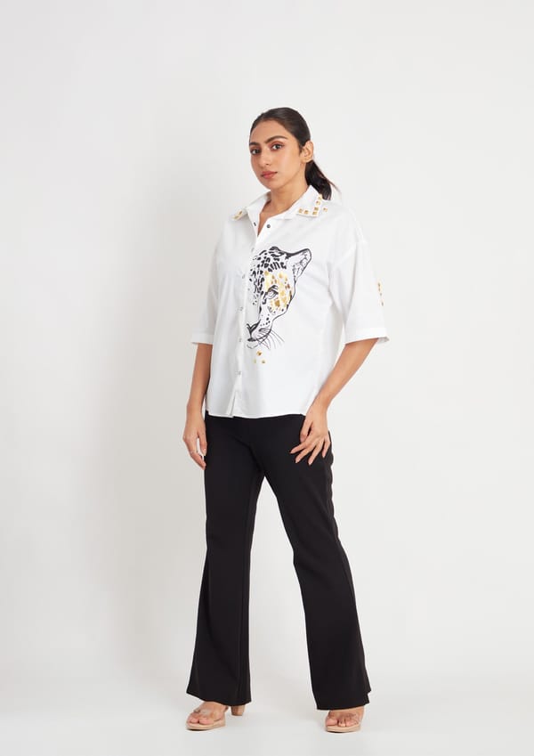 White Comfort Fit Cotton Shirt with Foil Print and Studs — Richa Goenka