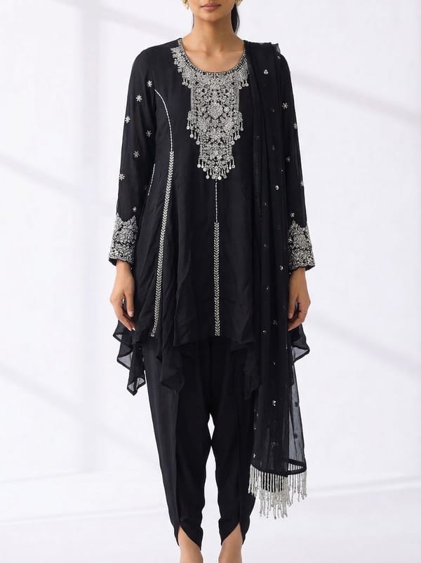 Black Georgette A-Line Kurta Set with Embellished Yoke — Basanti Kapde aur Koffee