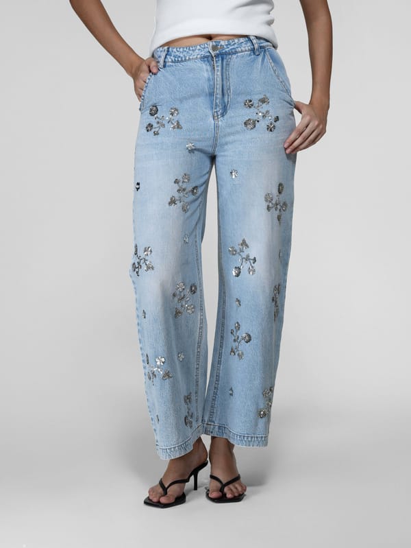 Floral Embellished Wide-Leg Jeans — The Clothing Factory