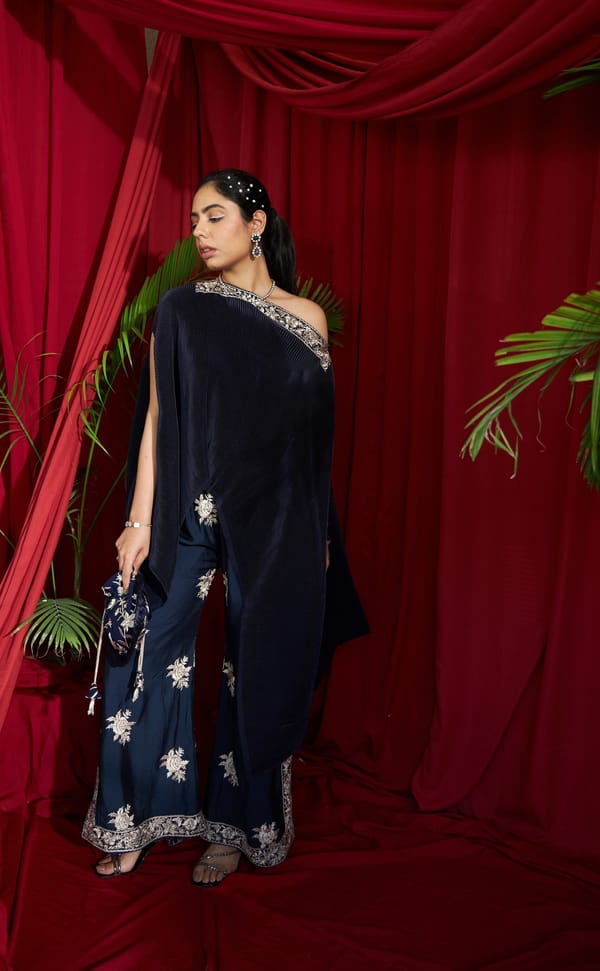 Navy One-Shoulder Pleated Cape and Slit Pants Co-ord Set — TASUVURE