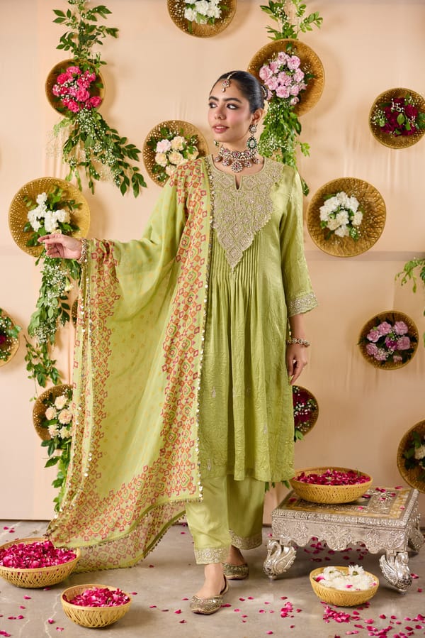 Pintuck Silk Kurta With Pants & Dupatta — Pooja Singhal