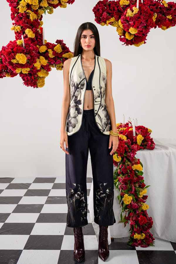 Ivory Floral Printed Tailored Waistcoat — The Dramebaaz Company