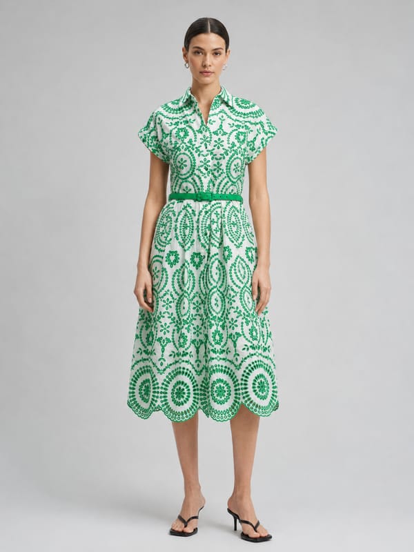 White and Green English Embroidery Midi Shirt Dress — SALSA JEANS