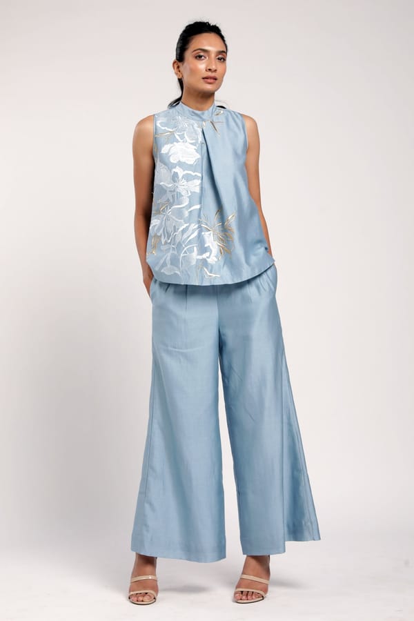 Sky Blue Embroidered High Neck Top and Pant Co-ord Set — Madder Much