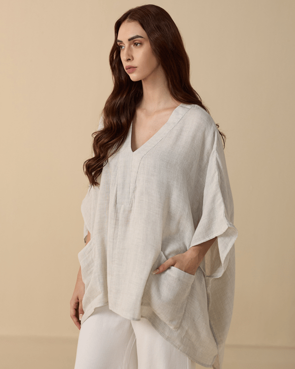Natural Flowy V-Neck Free Size Poncho Top with Pockets — AUR