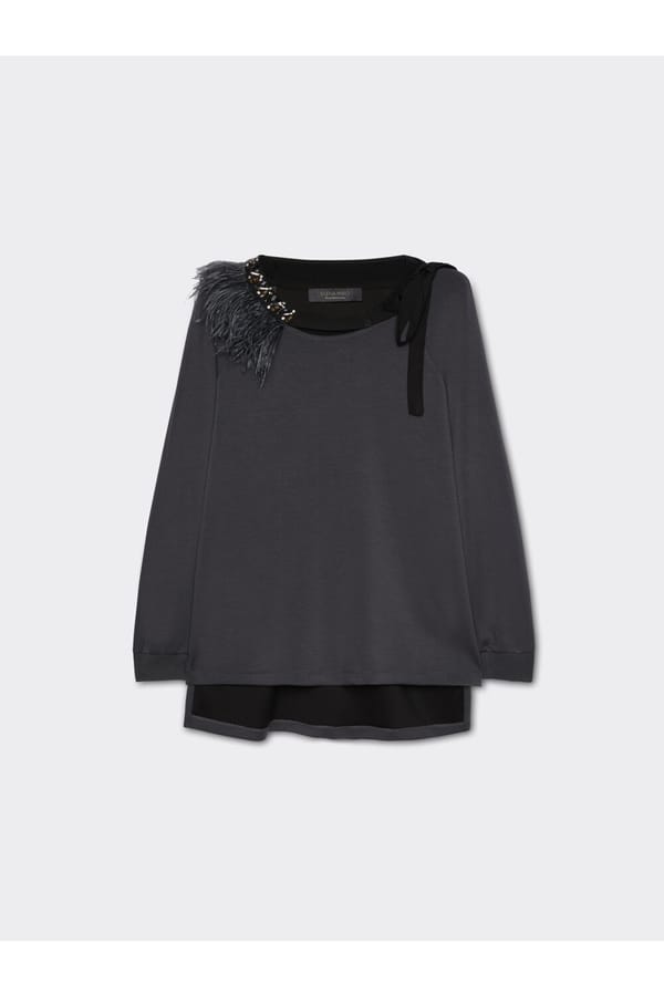 Grey Scuba Knit Top with Embellished Feather Neckline — ELENA MIRO