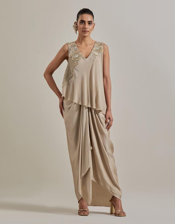 Gold Gota Glimmer Asymmetric Textured And Embellished Top With Drape Skirt — Kavita Bhartia