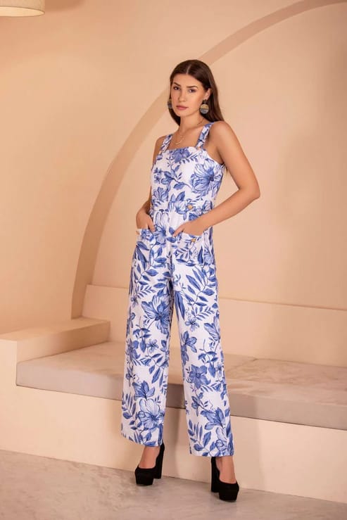 White/Blue Floral Square Neck Wide-Leg Jumpsuit — Designs by Queen Bee