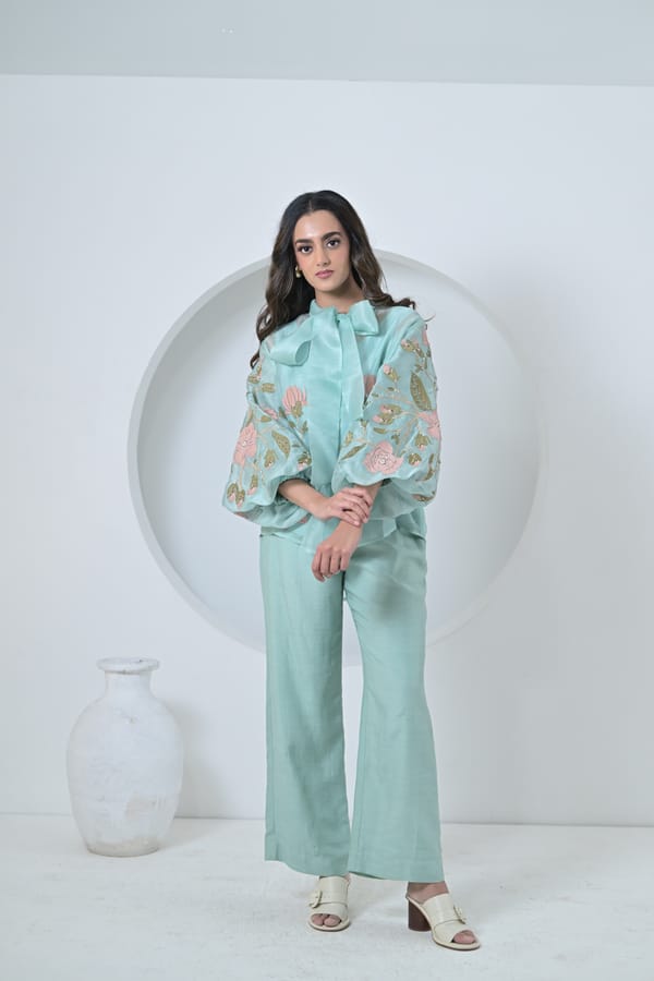 Sea Blue Organza Bow-Neck Shirt and Flared Pants Set — RUCHIKA MALLIKA LABEL