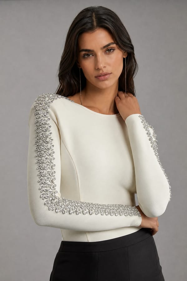 Cream Bandage Knit Crystal-Embellished Sleeve Top — KAREN MILLEN