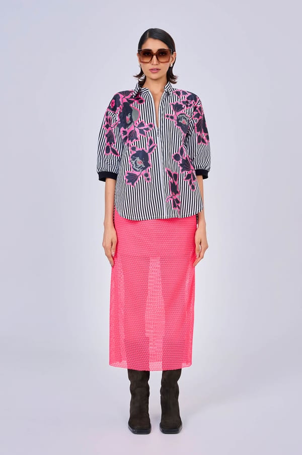 Black and White Striped Shirt with Pink Lace Skirt Co-ord — KOR
