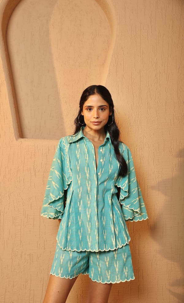 Teal Ikat Print Scalloped Hem Relaxed Fit Shirt — MANVI DAGA STUDIO