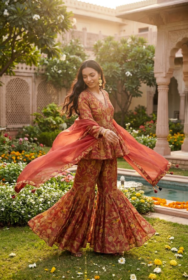 Gulnaar Kurta Sharara Set - Rust — SAUNDH