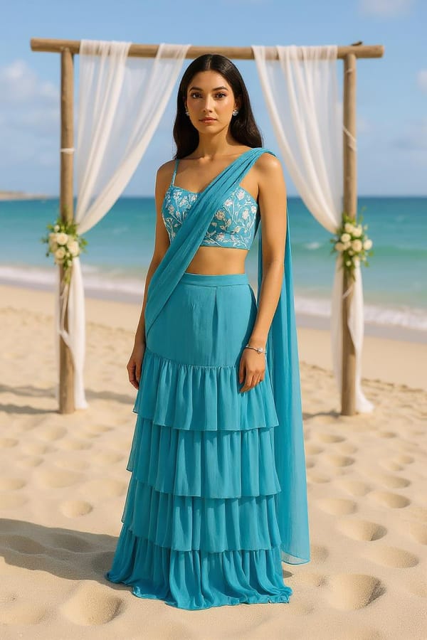 Teal Georgette Pre-Draped Saree Set with Embroidered Blouse — EWOKE STUDIO