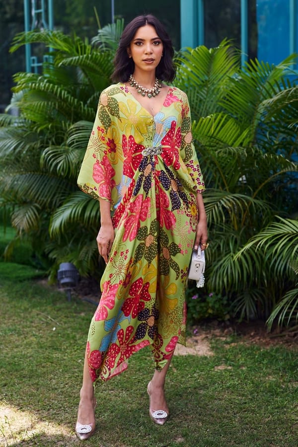 Neon Green Floral Printed Modal Satin Kaftan — Sttavoss