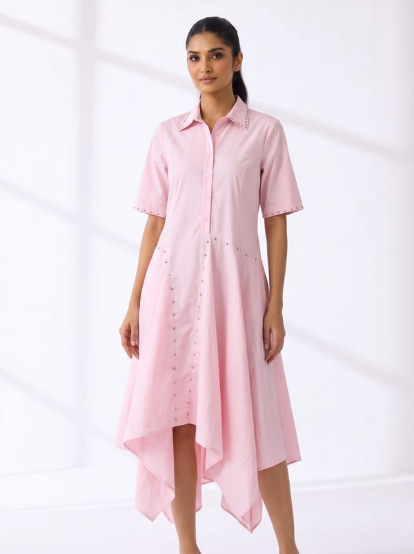 Baby Pink Cotton Midi Shirt Dress with Stud Details — Ang-sa