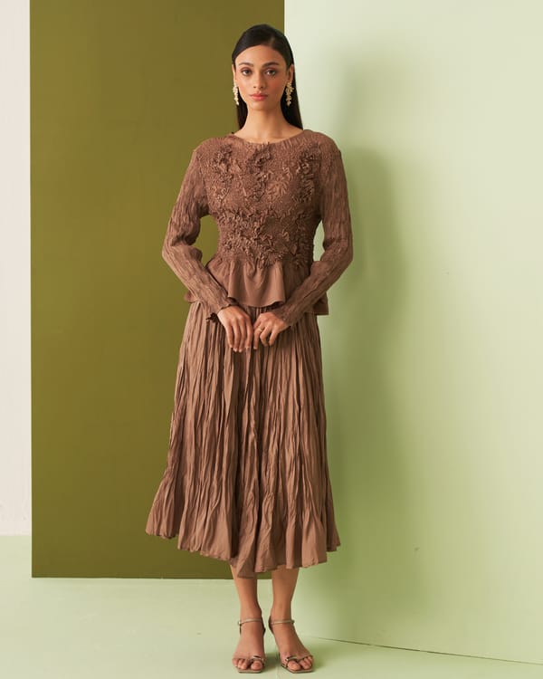 Brown Textured Top and Pleated Midi Skirt Co-ord Set — Pleats by Aruni
