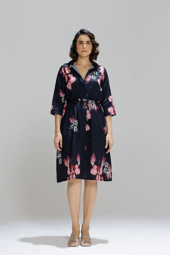 Black Floral Cotton Silk Shirt Dress with Drawstring Waist — STUDIO SURBHI