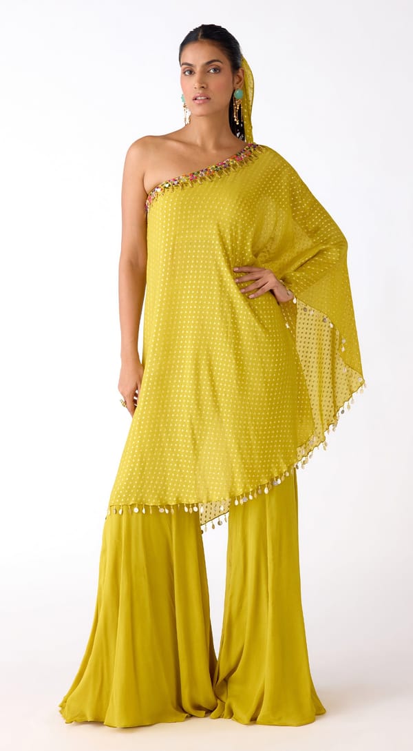Yellow Chinon One-Shoulder Cape Sharara Co-ord Set — Basanti Kapde aur Koffee