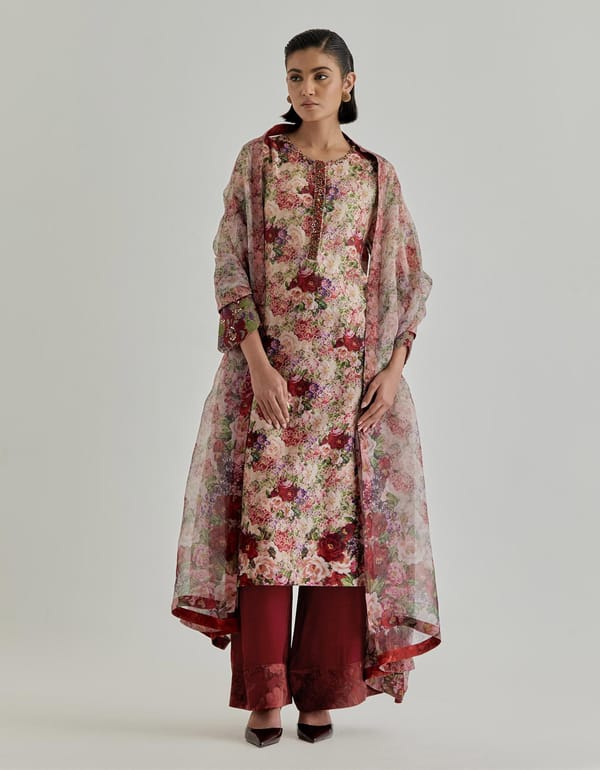 Beige With Red Rosette Nomad Kurta Set — Kavita Bhartia