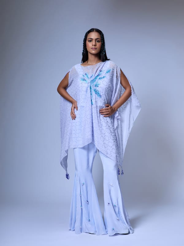 Blue Embellished Kaftan Kurta Set with Flared Pants — Vrinda Soni