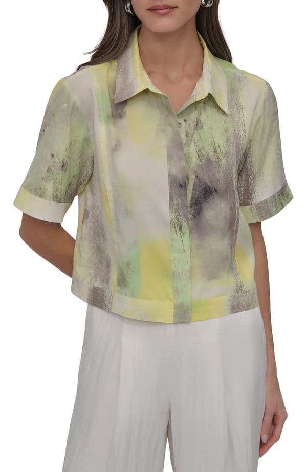 Pastel Abstract Print Boxy Short Sleeve Button-Up Shirt — DKNY