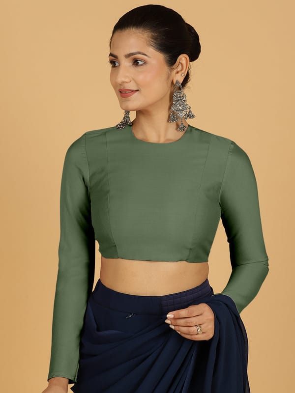 Hunter Green Full Sleeve Round Neck Saree Blouse — BINKS