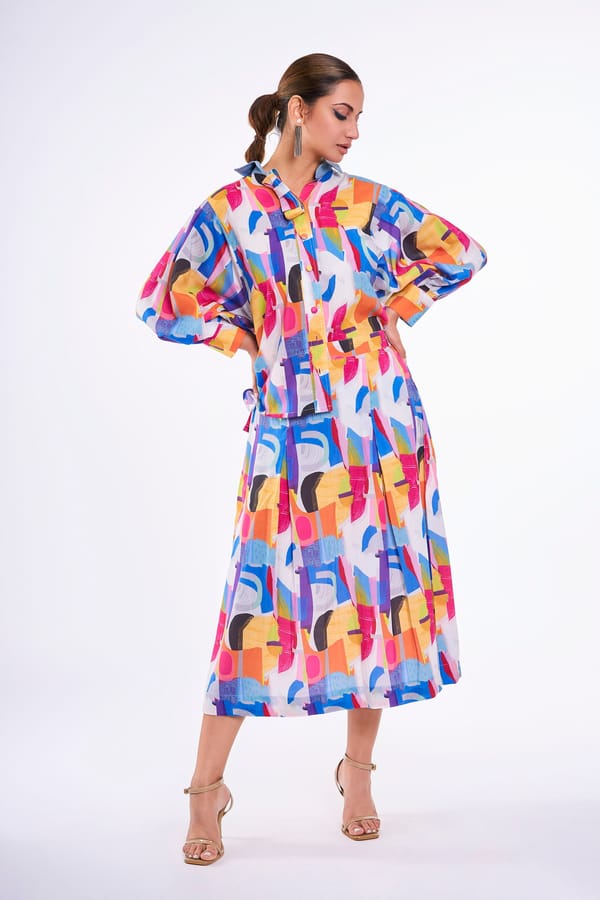 Multicolor Abstract Printed Shirt and Midi Skirt Co-ord Set — KOR