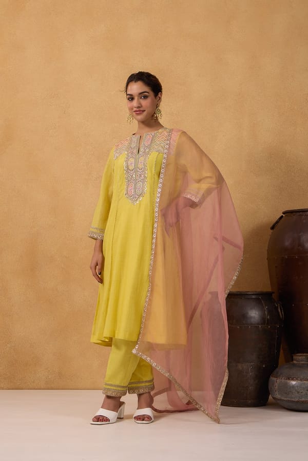Lemon Yellow Yoke Kurta Set With Pink Dupatta — Omi Clothing
