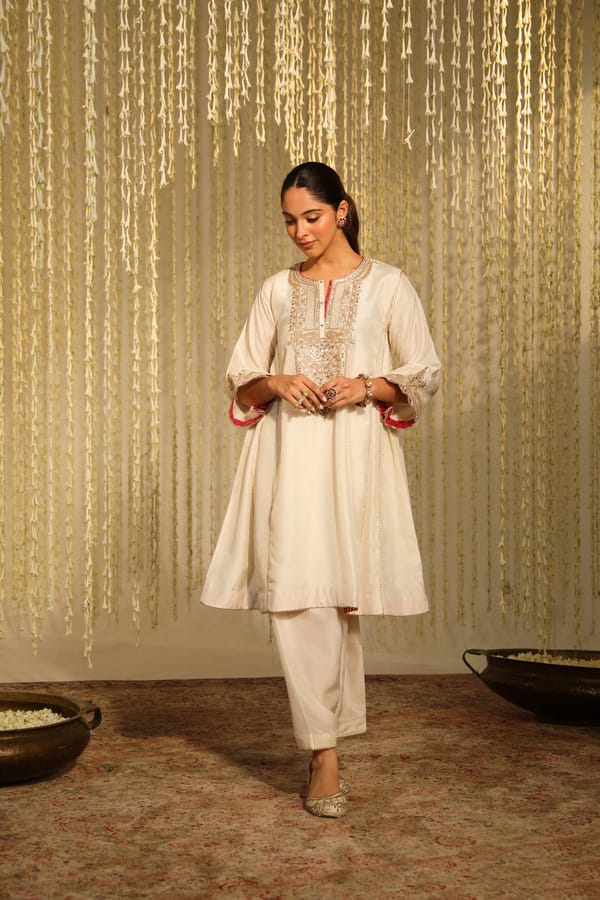 Daisy Ivory Embroidered Short Choga Kurta Set with Salwar — Sheetal Batra