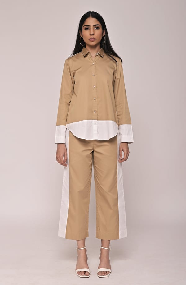 Beige and White Colorblock Shirt and Pants Co-ord Set — Escape By Aishwarya