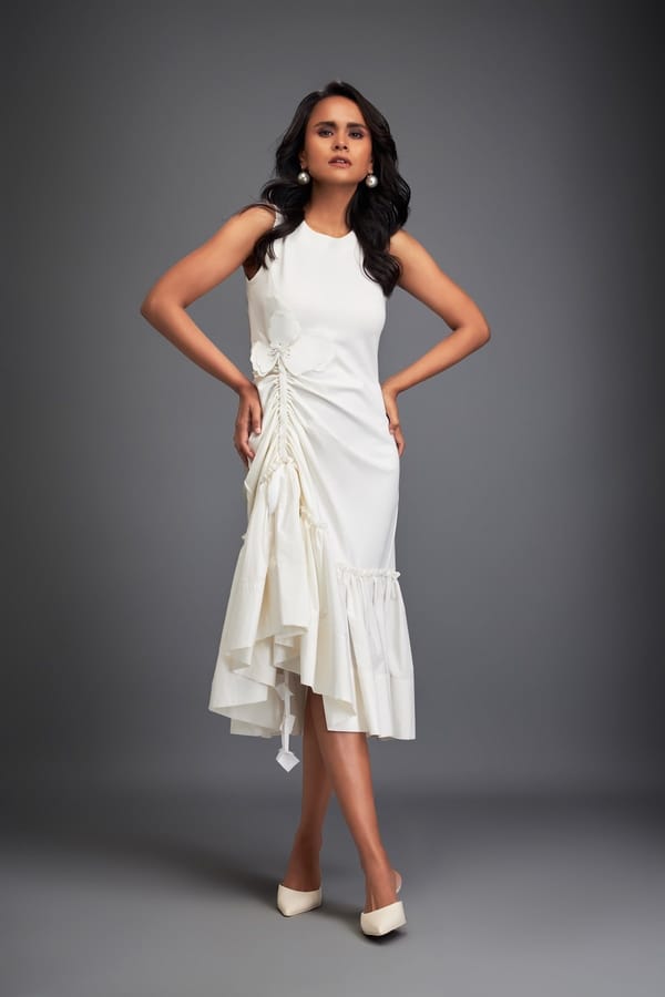 Dress with Ruched Floral Embellishments — Deepika Arora