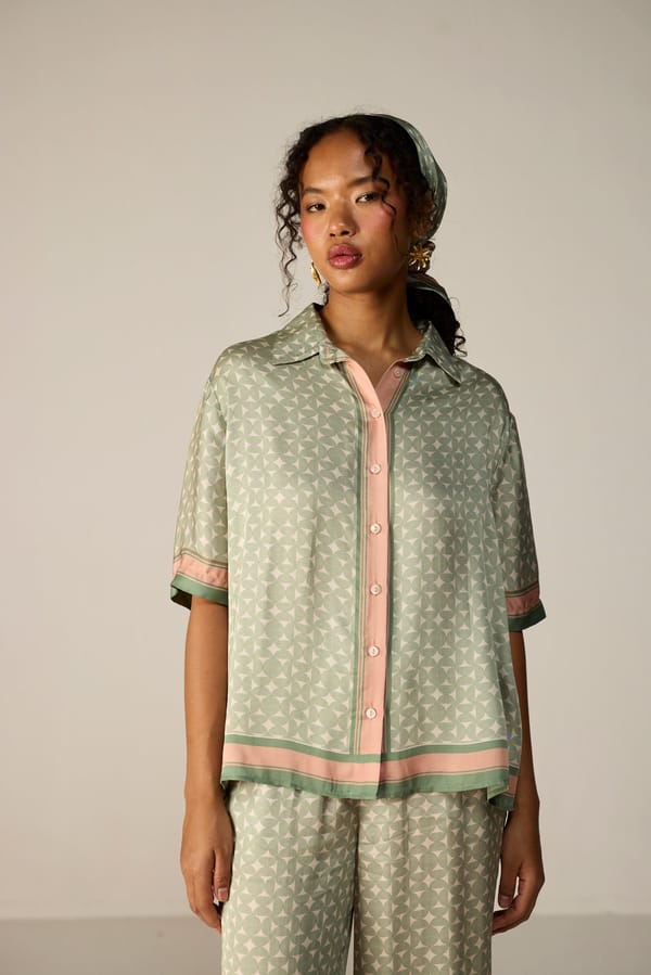 Orbit Sage Oversized Abstract Print Short Sleeve Shirt — Calling June