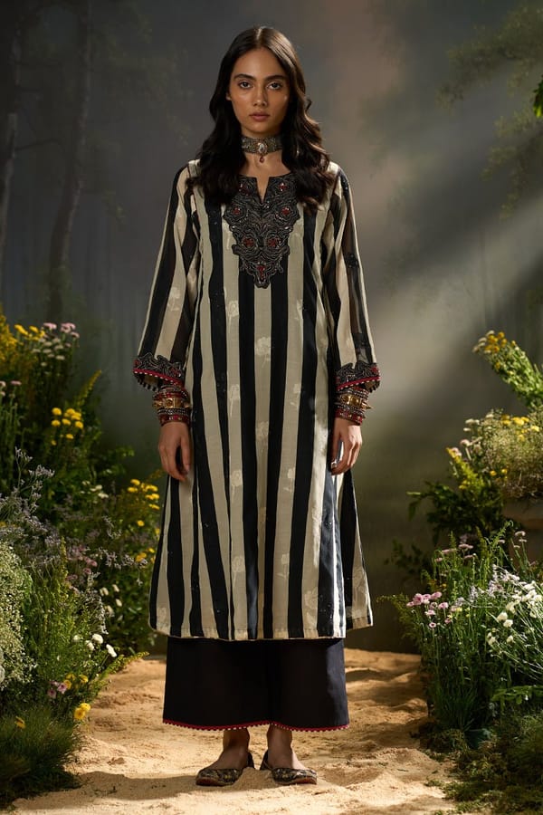 Black and Off White Striped Kurta Palazzo Co-ord Set — Ganga Fashions Pvt Ltd