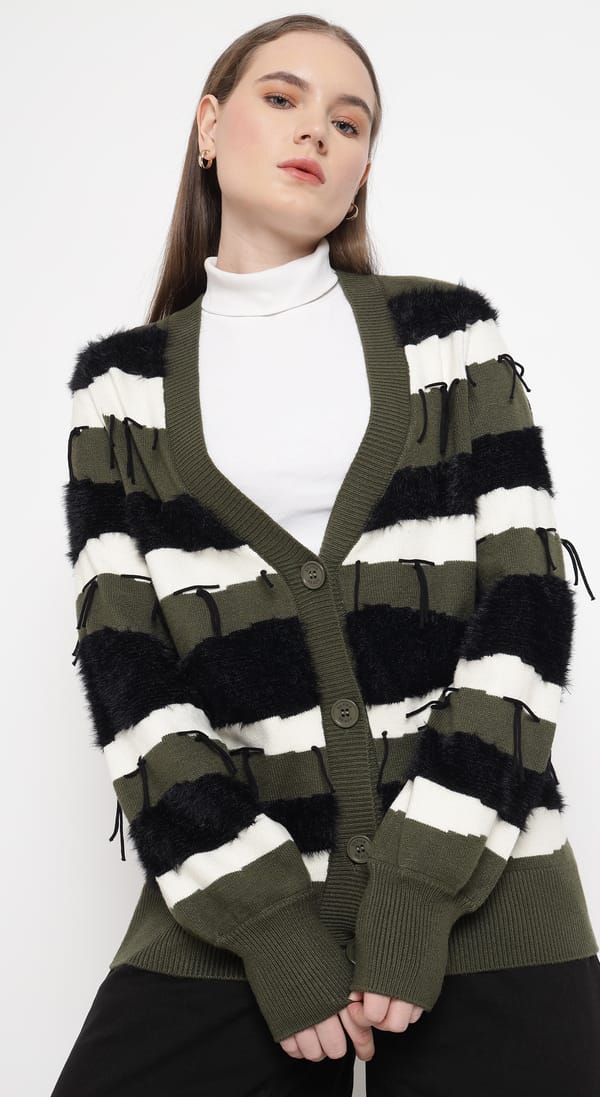 Olive Striped Faux-Fur Trim V-Neck Button Cardigan — SILVIAN HEACH