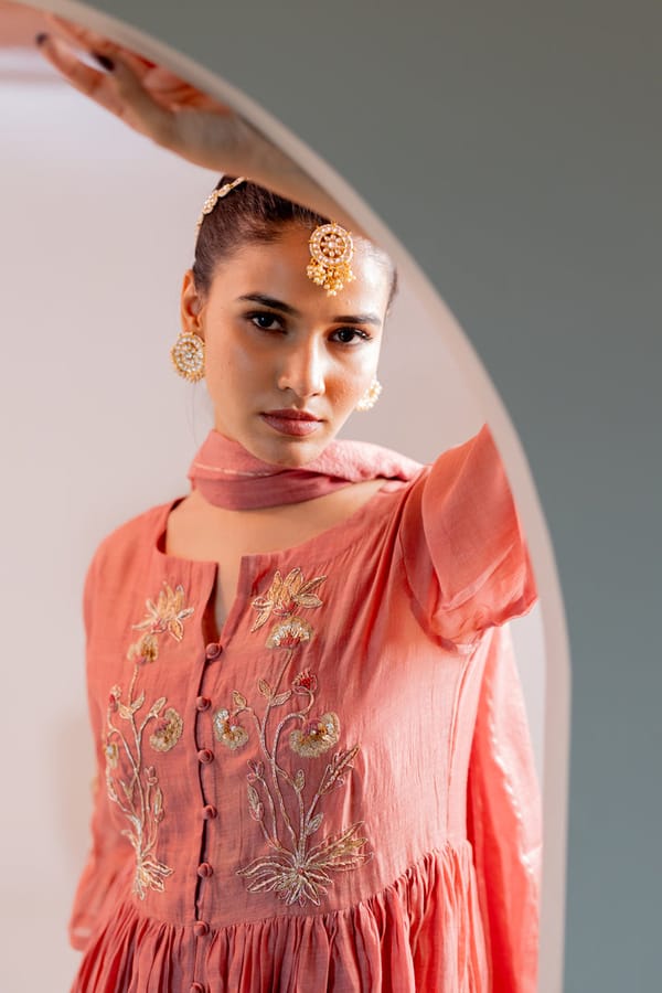 Pink Chanderi Embroidered Flared Kurta Set with Slip — Silai studio