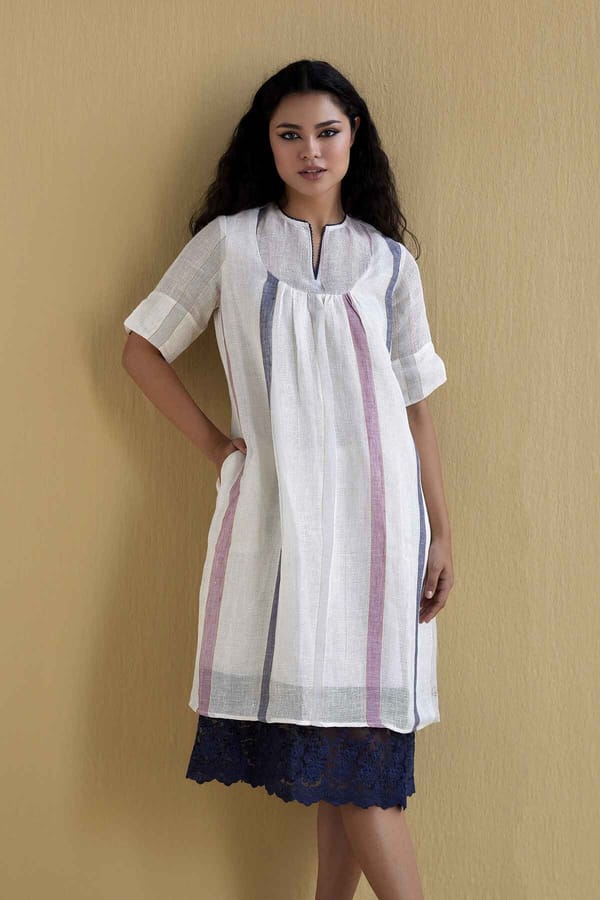 Off White Striped Linen A-Line Midi Dress with Lace Hem — YELL