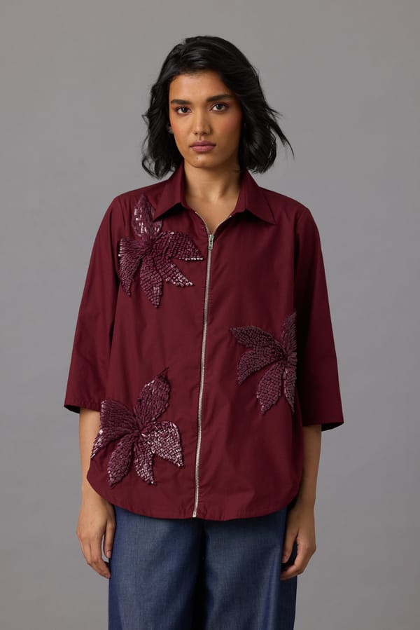 Burgundy Zip-Front Shirt with Floral Appliqué — 63East