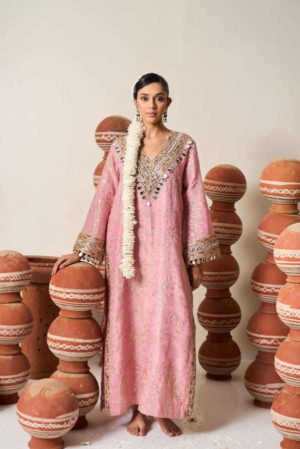Peach Embroidered V-Neck Kaftan with Mirror Work — TASUVURE