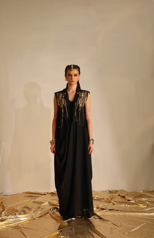 Black Cowl Neck Maxi Dress with Embroidered Cape Waistcoat — EnEch