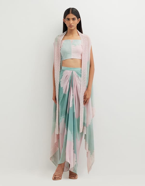 Multicolor Cape with Bustier Paired with Skirt — Kavita Bhartia