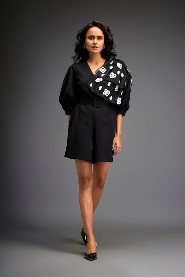 Playsuit With Applique Work On The Shoulder — Deepika Arora