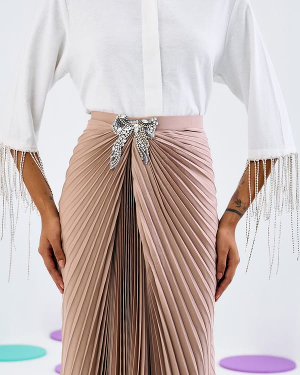 Beige Draped Pleated Midi Skirt with Crystal Waist Brooch — Pleats by Aruni