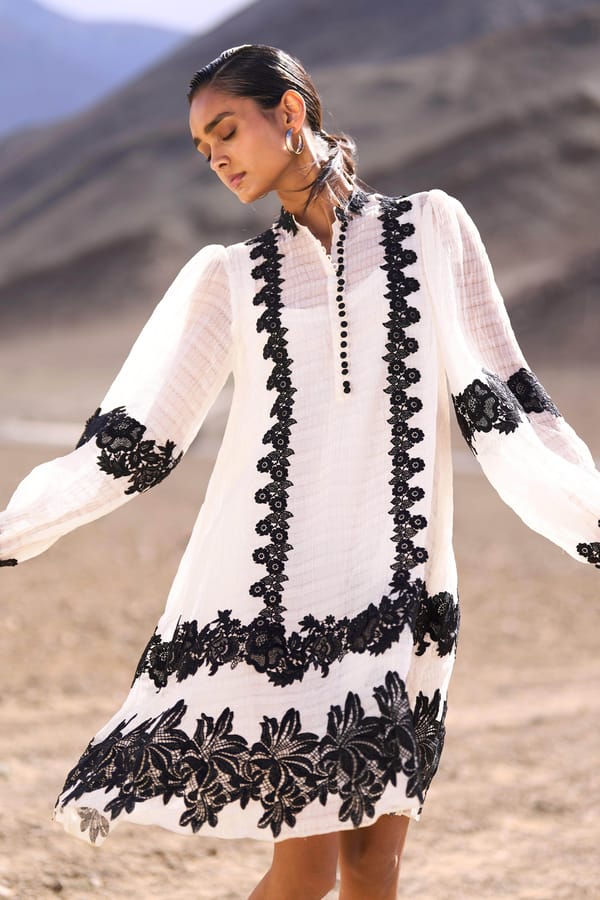Ivory Midi Dress with Black Lace Detail and Mandarin Collar — Dash and Dot