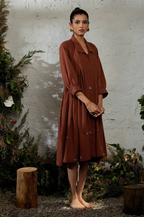 Cinnamon Khadi Pleated Midi Shirt Dress — SHIBUI