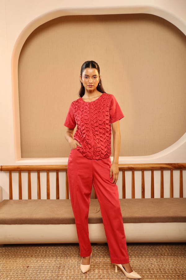 Magenta Smocked Top and Straight Pants Co-ord Set — MANVI DAGA STUDIO